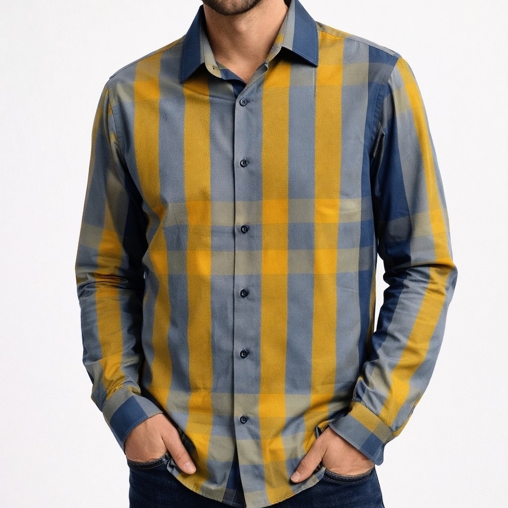 Lamasini Stylish Blue and Yellow Plaid Men's Shirt Size L